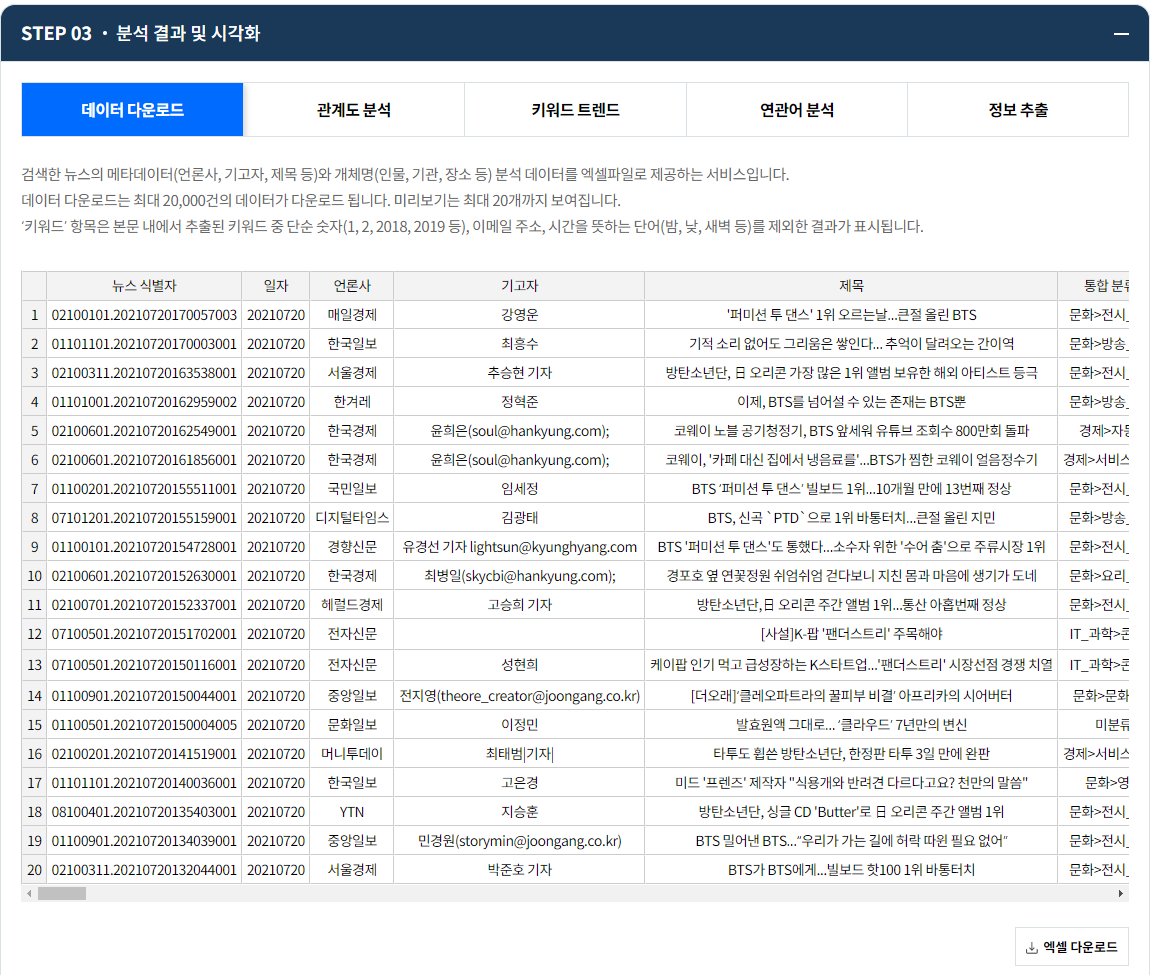 분석결과 데이터를 엑셀파일로 다운 가능