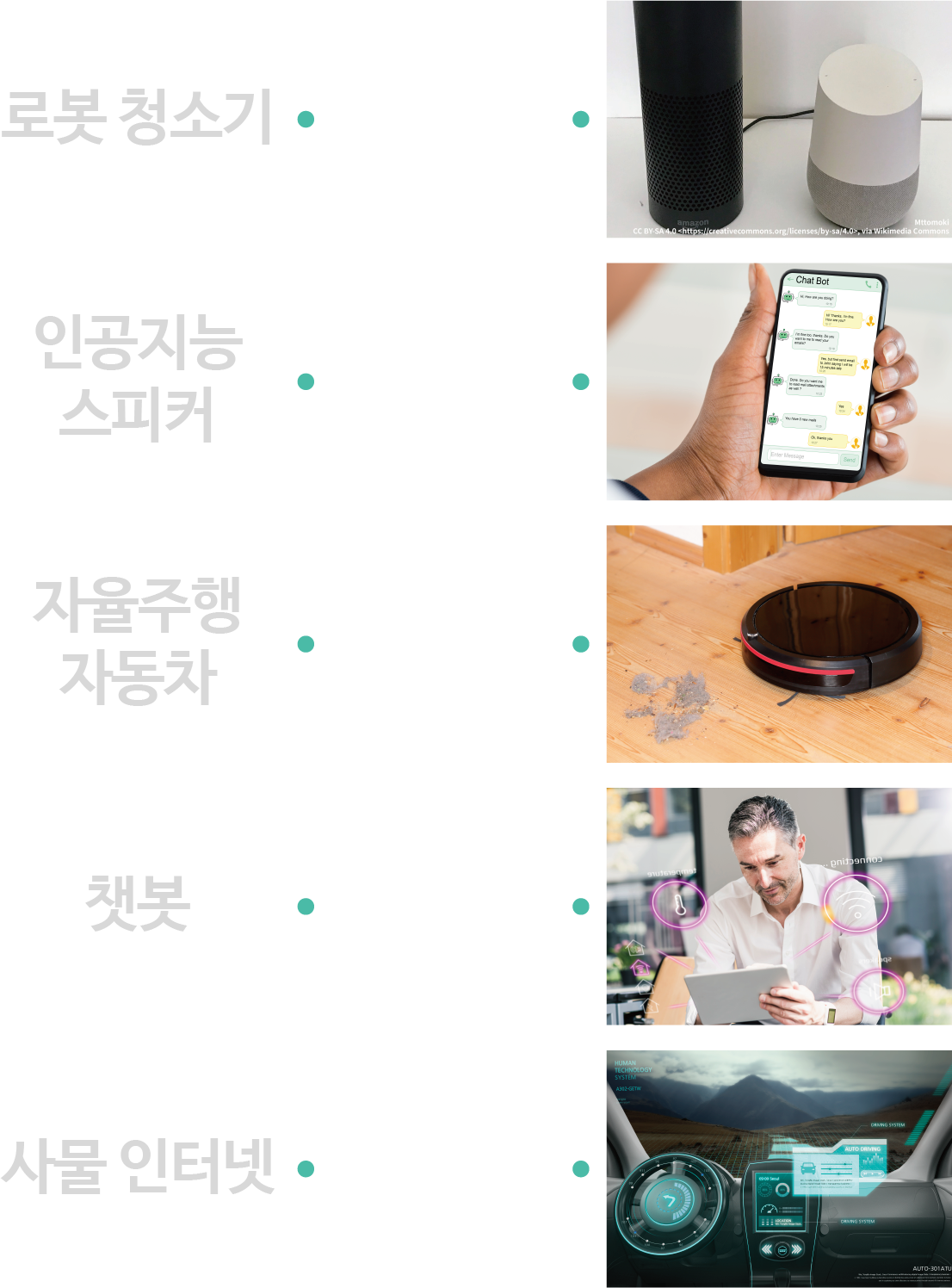 로봇 청소기, 인공지능 스피커, 자율주행 자동차, 챗봇, 사물 인터넷이라는 글자가 왼쪽에 회색으로 적혀있고, 오른쪽에는 각각의 단어에 맞는 사진이 글자 순서와 상관없이 나열되어있는 그림