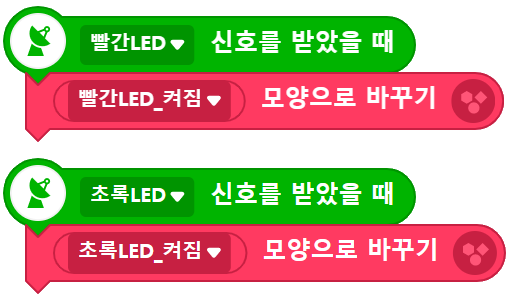 초록LED, 빨간LED 오브젝트 블록 코딩