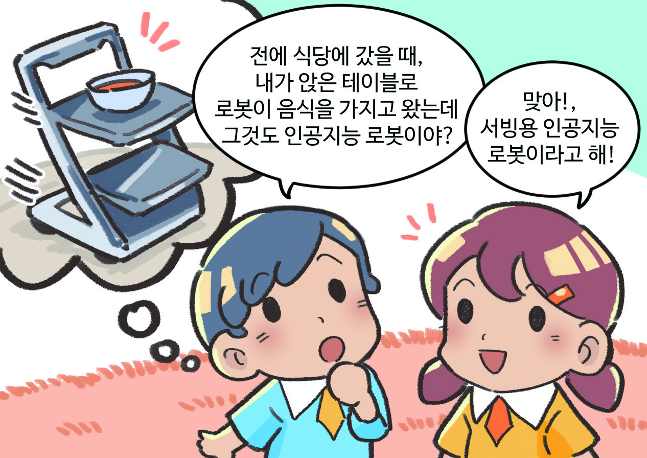 남자아이와 여자아이가 대화하는 모습. 남자아이 : 전에 식당에 갔을 때, 내가 앉은 테이블로 로봇이 음식을 가지고 왔는데 그것도 인공지능 로봇이야? / 여자아이 : 맞아!, 서빙용 인공지능 로봇이라고 해!