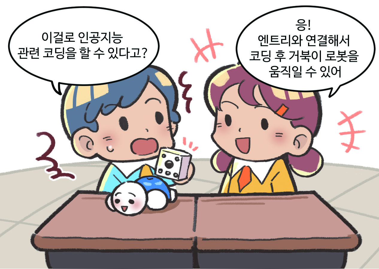 남자아이와 여자아이가 대화하는 모습. 남자아이 : 이걸로 인공지능 관련 코딩을 할 수 있다고? / 여자아이 : 응! 엔트리와 연결해서 코딩 후 거북이 로봇을 움직일 수 있어.