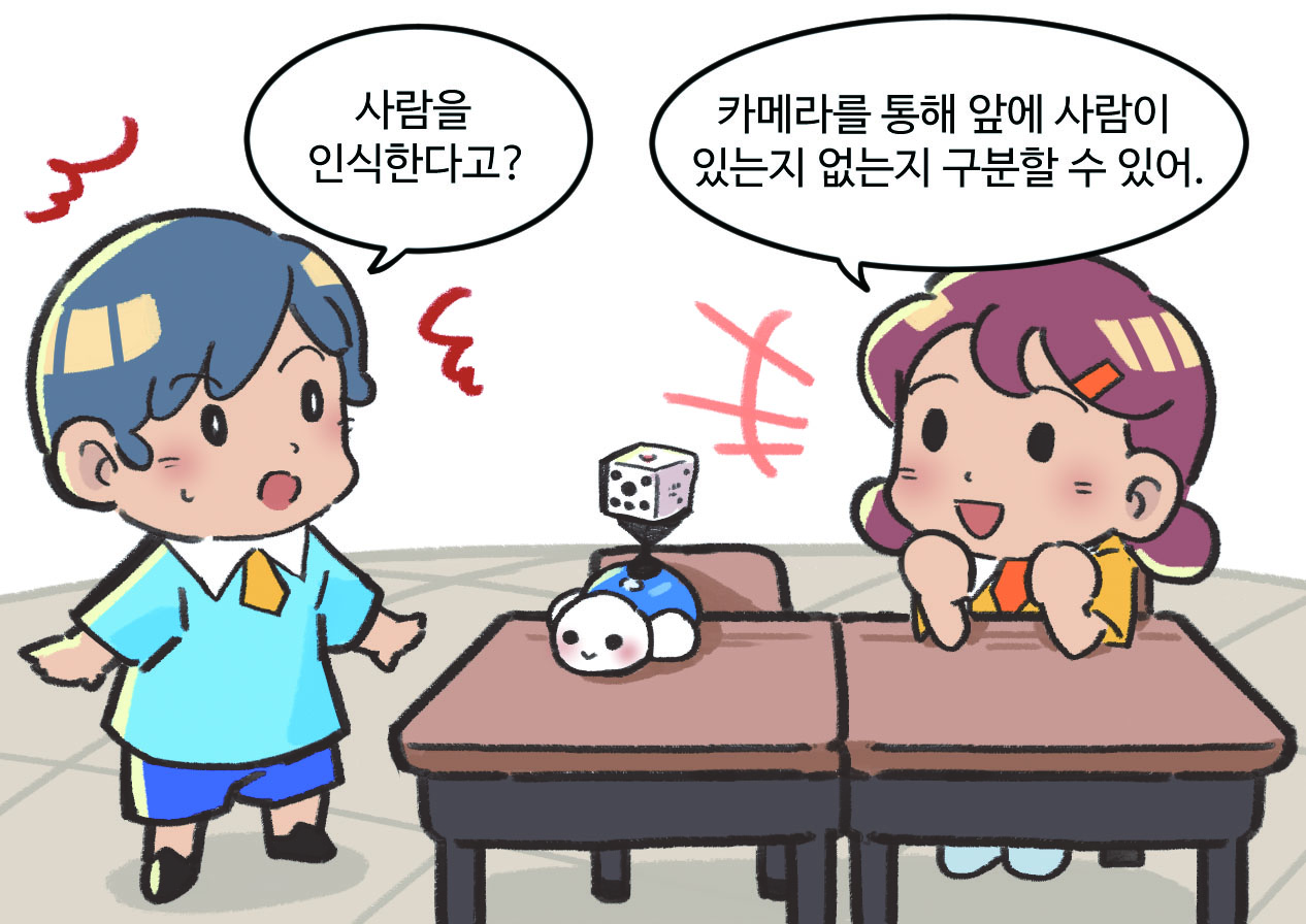 남자아이와 여자아이가 대화하는 모습. 남자아이 : 사람을 인식한다고? / 여자아이 : 카메라를 통해 앞에 사람이 있는지 없는지 구분할 수 있어.