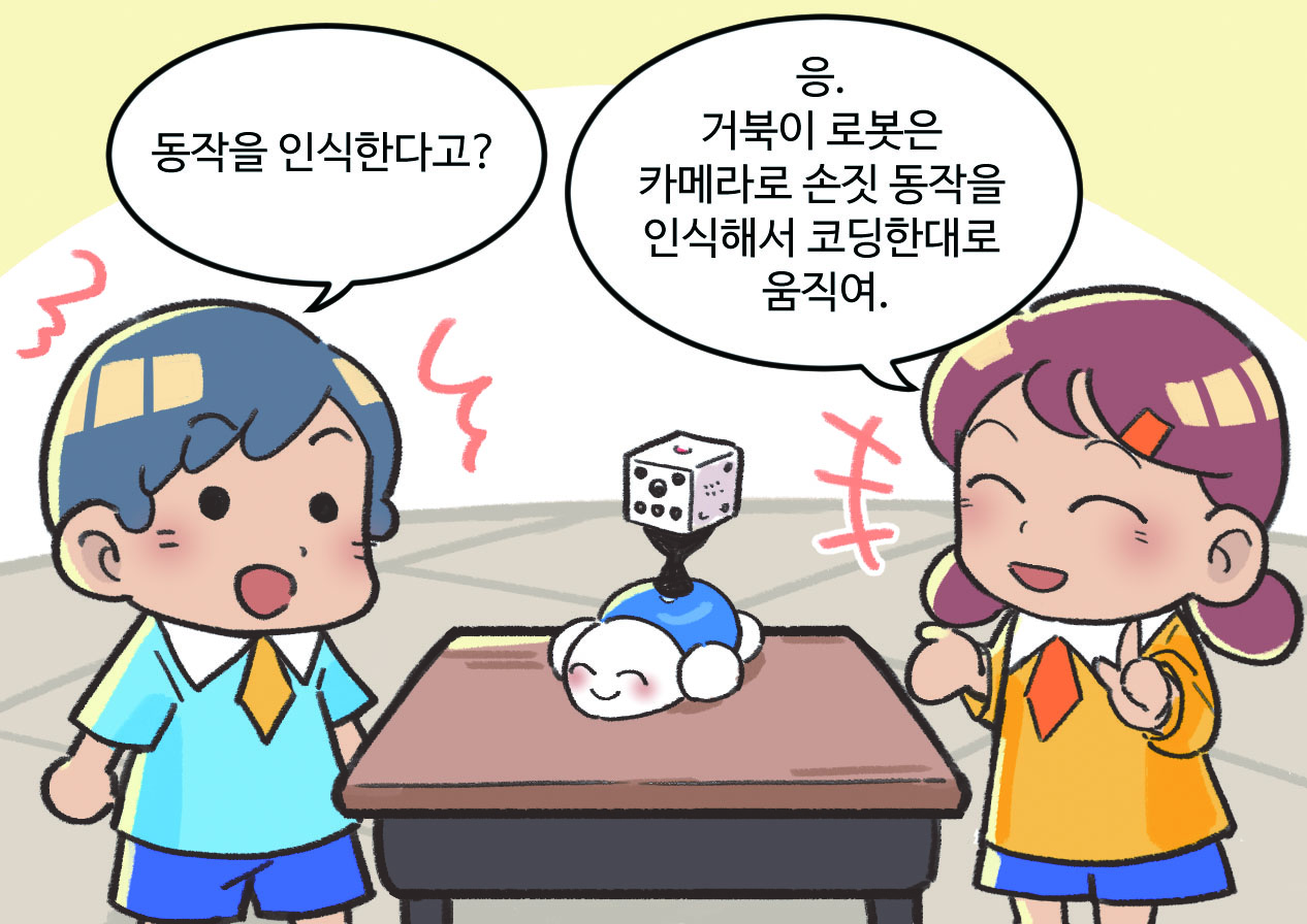 남자아이와 여자아이가 대화하는 모습. 남자아이 : 동작을 인식한다고? / 여자아이 : 응. 거북이 로봇은 카메라로 손짓 동작을 인식해서 코딩한대로 움직여.
