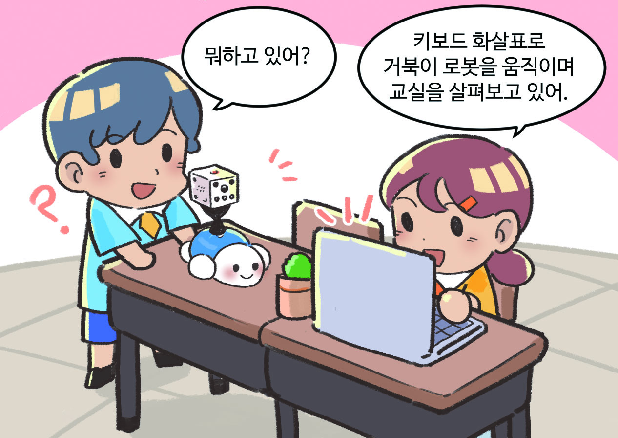 남자아이와 여자아이가 대화하는 모습. 남자아이 : 뭐하고 있어? / 여자아이 : 키보드 화살표로 거북이 로봇을 움직이며 교실을 살펴보고 있어.