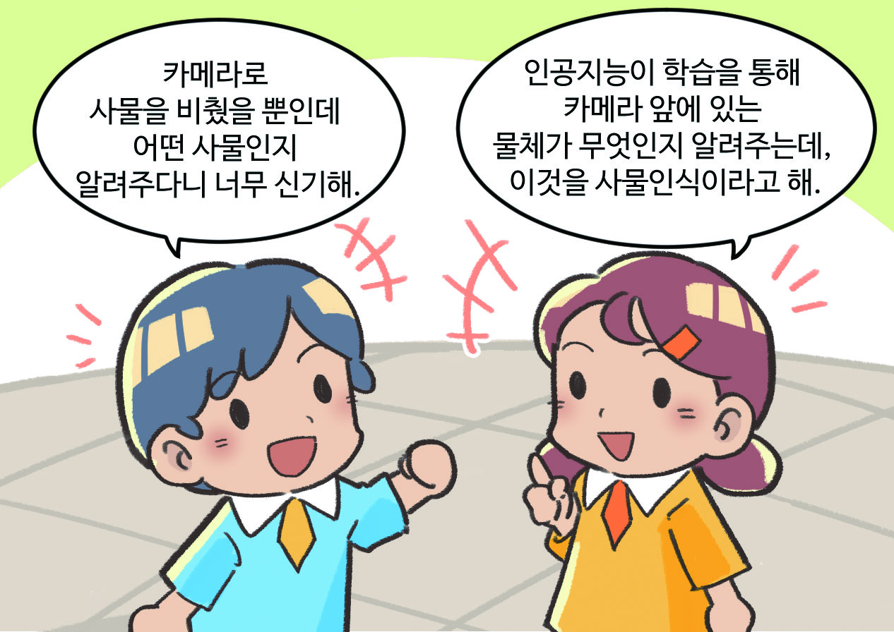 남자아이와 여자아이가 대화하는 모습. 남자아이 : 카메라로 사물을 비췄을 뿐인데 어떤 사물인지 알려주다니 너무 신기해. / 여자아이 : 인공지능이 학습을 통해 카메라 앞에 있는 물체가 무엇인지 알려주는데, 이것을 사물인식이라고 해.