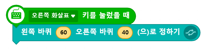 오른쪽 화살표 키를 눌렀을 때 왼쪽 바퀴 60 오른쪽 바퀴 40으로 정하기 블록 코딩