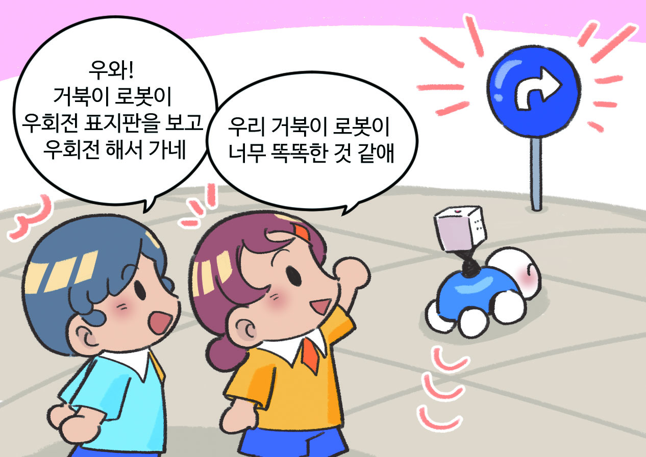 남자아이와 여자아이가 대화하는 모습. 남자아이 : 우와! 거북이 로봇이 우회전 표지판을 보고 우회전 해서 가네. / 여자아이 : 우리 거북이 로봇이 너무 똑똑한 것 같애.