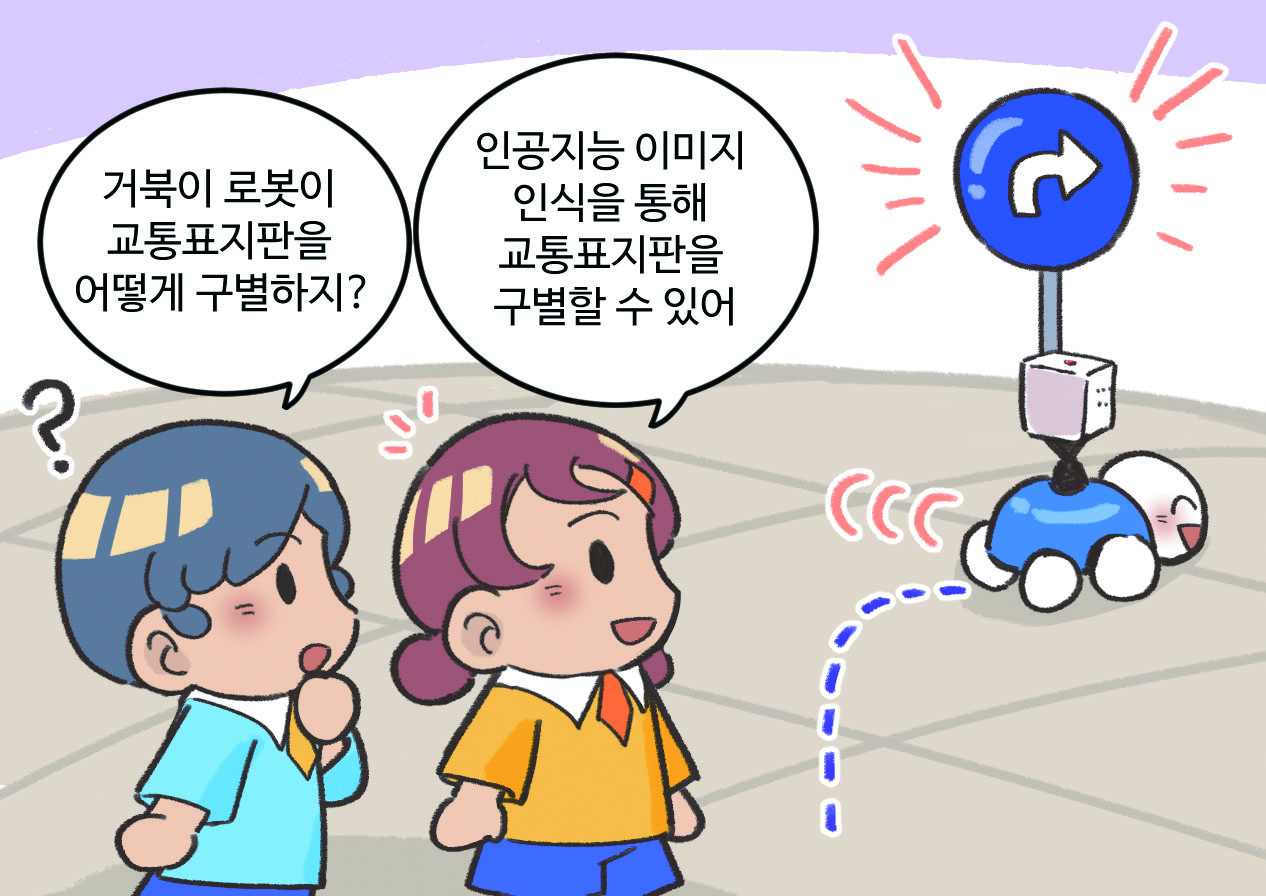 남자아이와 여자아이가 대화하는 모습. 남자아이 : 거북이 로봇이 교통표지판을 어떻게 구별하지? / 여자아이 : 인공지능 이미지 인식을 통해 교통표지판을 구별할 수 있어.