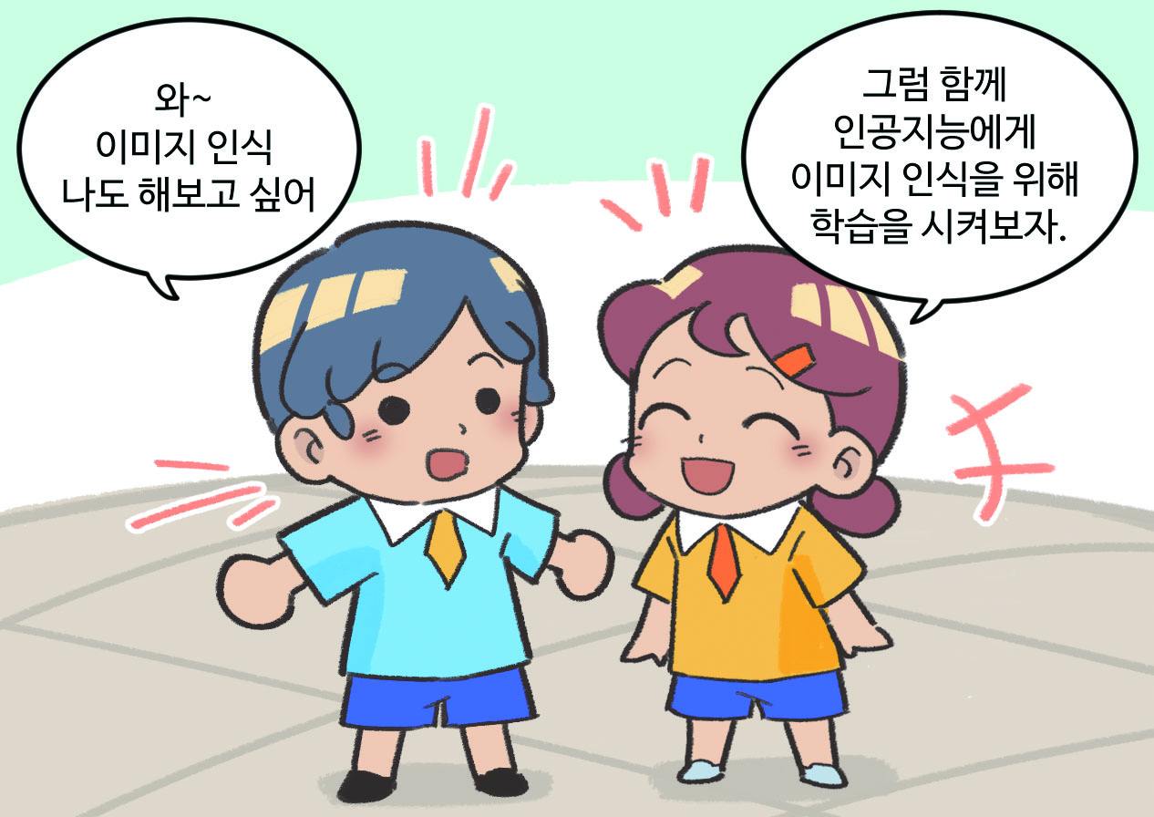 남자아이와 여자아이가 대화하는 모습. 남자아이 : 와~ 이미지 인식 나도 해보고 싶어. / 여자아이 : 그럼 함께 인공지능에게 이미지 인식을 위해 학습을 시켜보자.