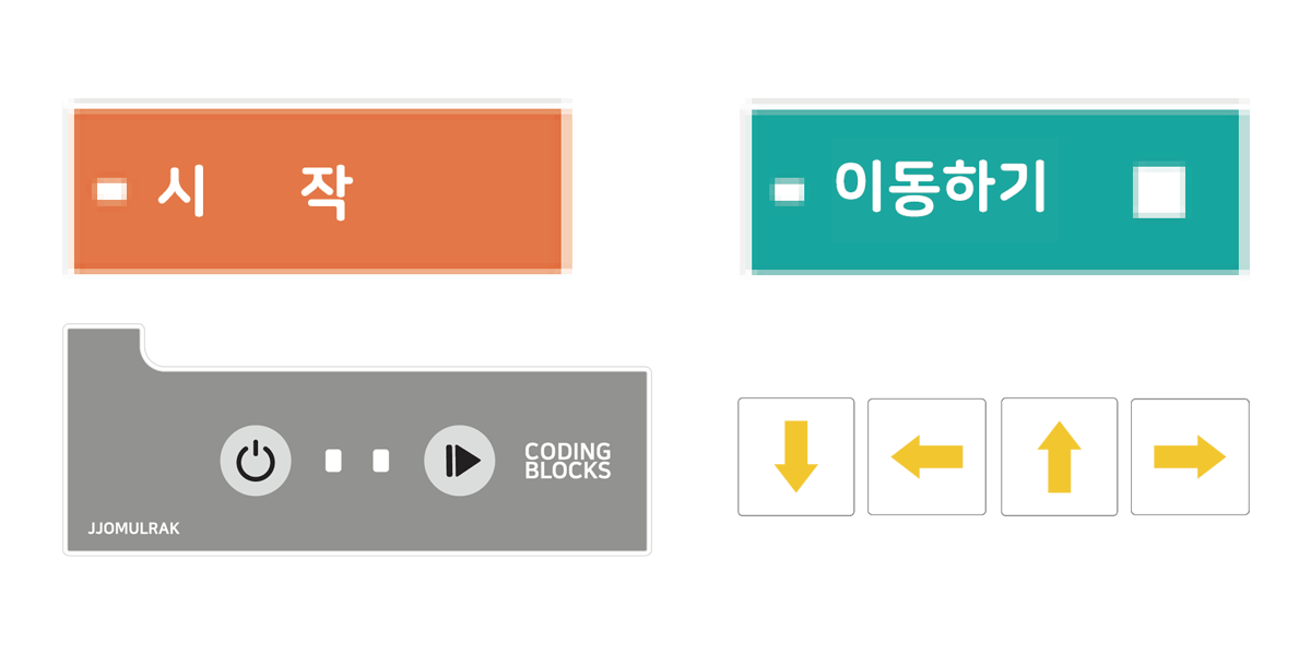 시작 블록, 이동하기 블록, 브레인블록, 화살표(↓ ← ↑ →)블록