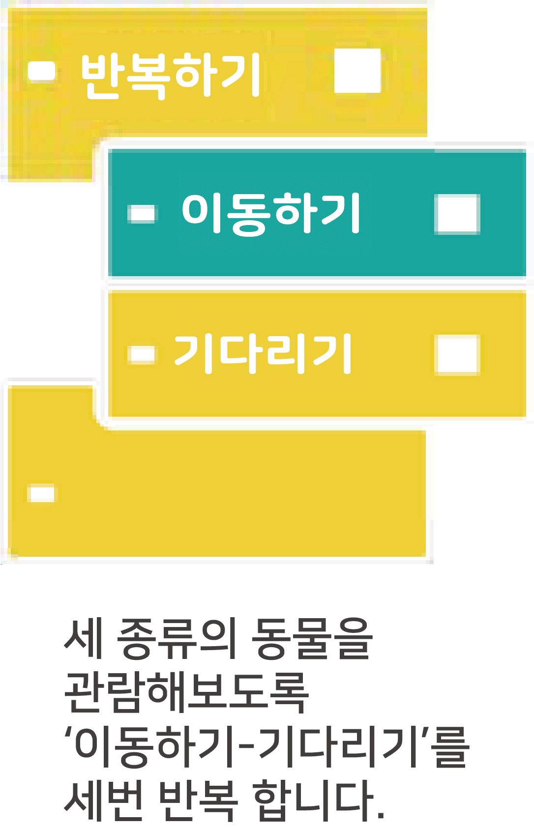 반복하기 블록, 이동하기 블록, 기다리기 블록, 닫기 블록. 세 종류의 동물을 관람해보도록 '이동하기-기다리기'를 세번 반복합니다.