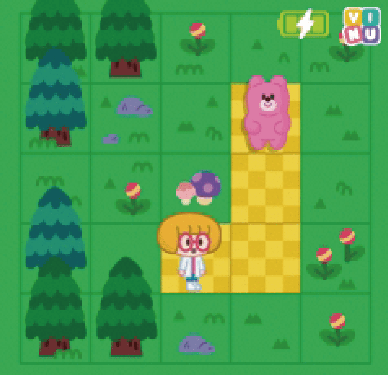 젤리곰과 에블리가 맵 위에 있는 모습. 에블리, 빈칸, (위)빈칸, (위)젤리곰  순으로 배치되어 있습니다.