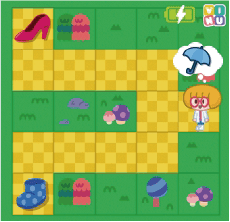 에블리가 우산을 생각하고 있고, 맵에는 하이힐과 장화가 배치된 모습