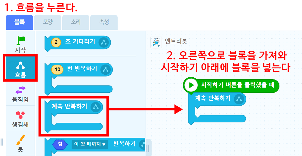 1. 흐름을 누른다. 2. 오른쪽으로 블록을 가져와 시작하기 아래에 블록을 넣는다.
