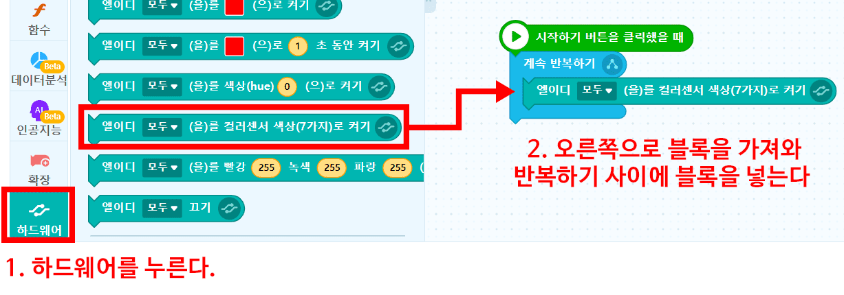 1. 하드웨어를 누른다. 2. 오른쪽으로 블록을 가져와 반복하기 사이에 블록을 넣는다.