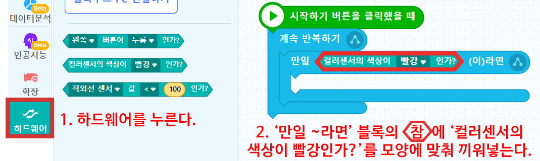 1. 하드웨어을 누른다, 2. '만일~라면' 블록의 참에 '컬러센셔의 색상이 빨강인가?'를 끼워넣는다.