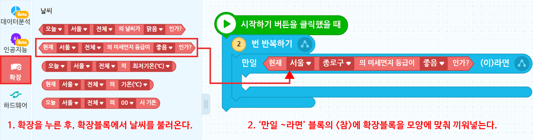 1. 확장을 누른 후, 확장블록에서 날씨를 불러온다, 2. 만일 ~라면 블록의 '참'에 확장블록을 모양에 맞춰 넣는다.