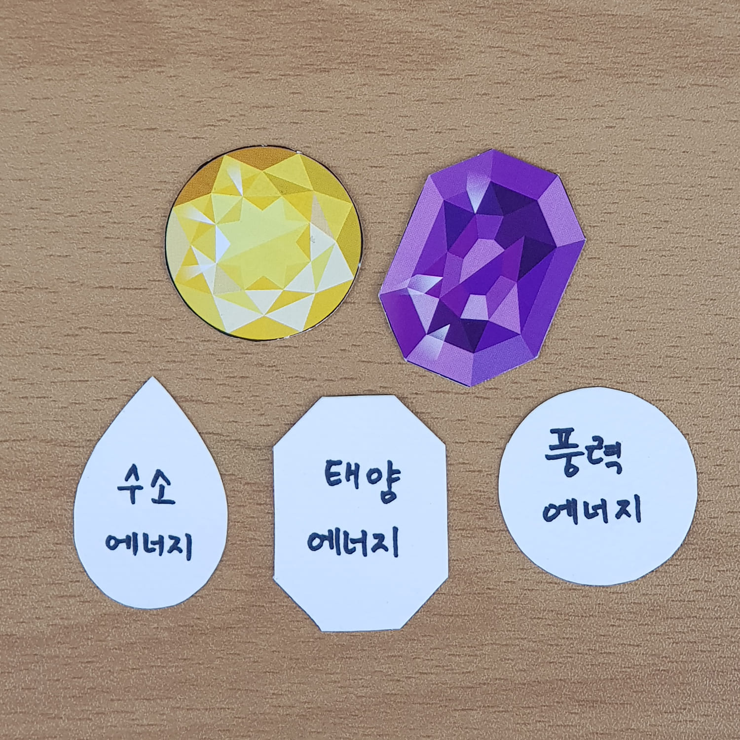 보석 그림 뒤에 신재생 에너지의 이름을 쓴 다음, 교실에 신재생 에너지 보석을 숨깁니다.