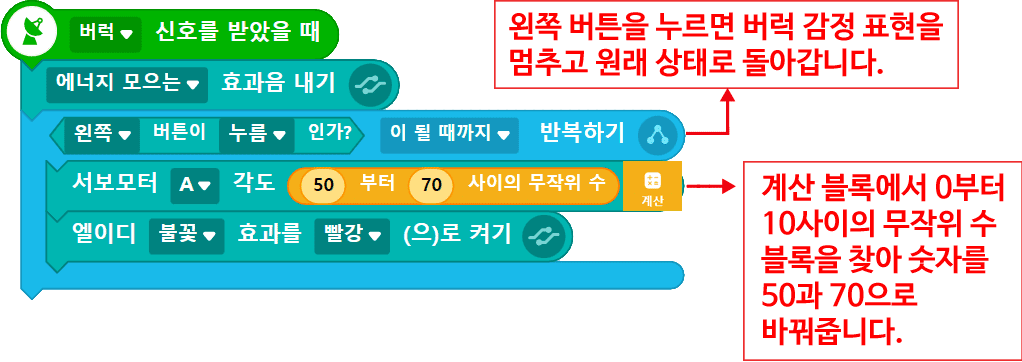 왼쪽 버튼을 누르면 버럭 감정 표현을 멈추고 원래 상태로 돌아간다.