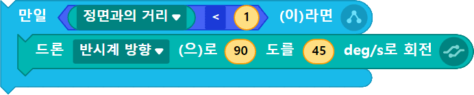 만일 정면과의 거리가 ~라면, 드론 반시계 방향으로 90도를 45deg/s 회전