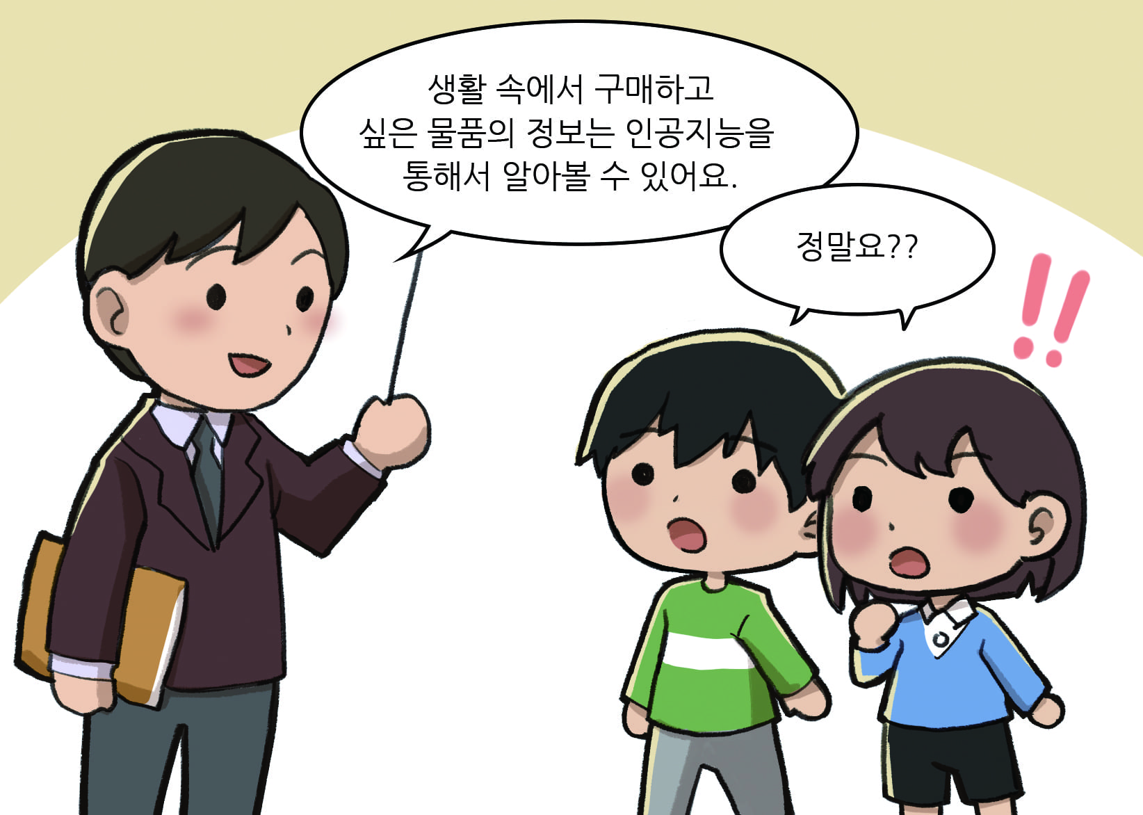 교사: 생활 속에서 구매하고 싶은 물품의 정보는 인공지능을 통해서 알아볼 수 있어요.
                             남,여학생: 정말요?