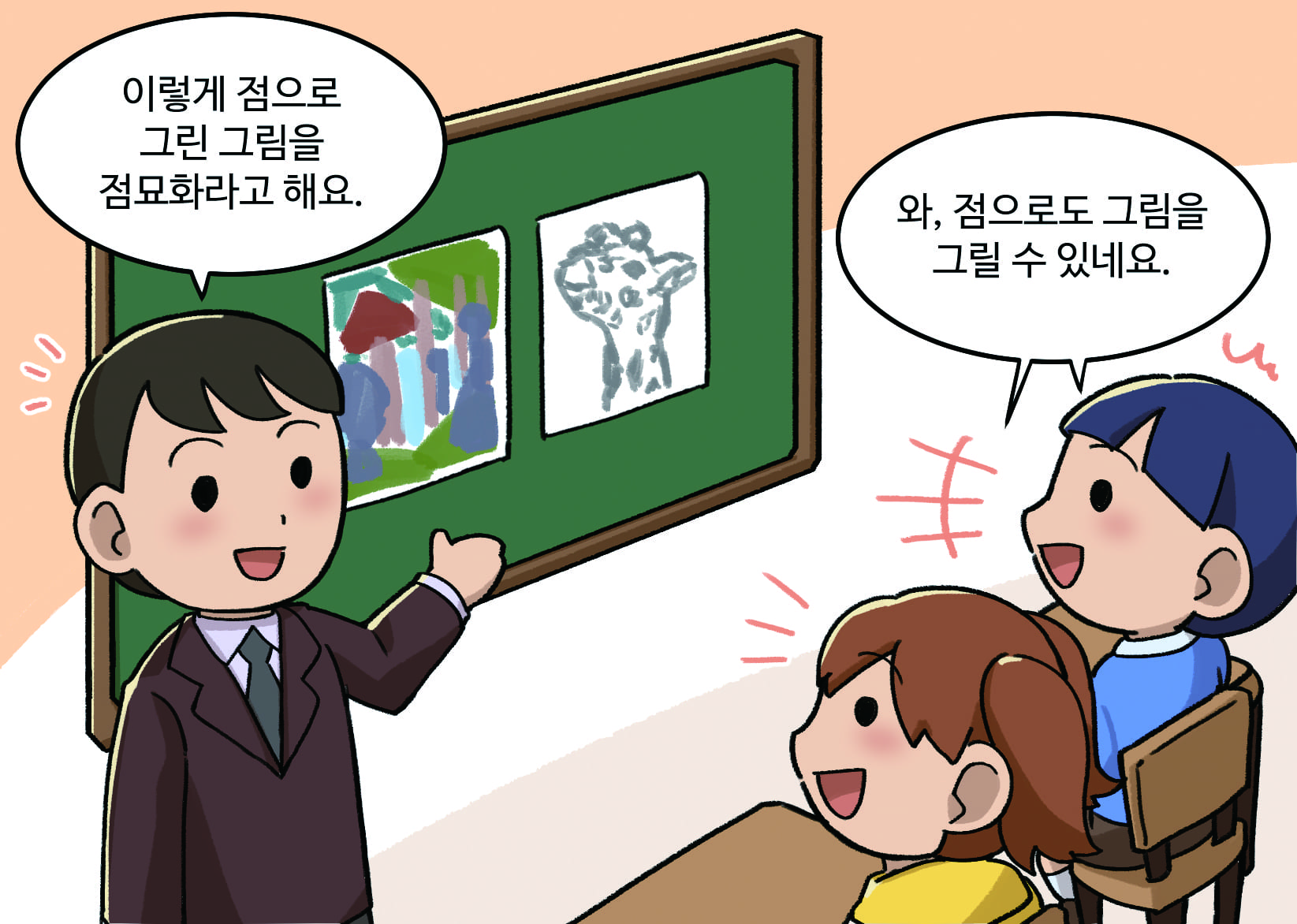 교사: 이렇게 점으로 그린 그림을 점묘화라고 해요. 남,여학생:와, 점으로도 그림을 그릴 수 있네요