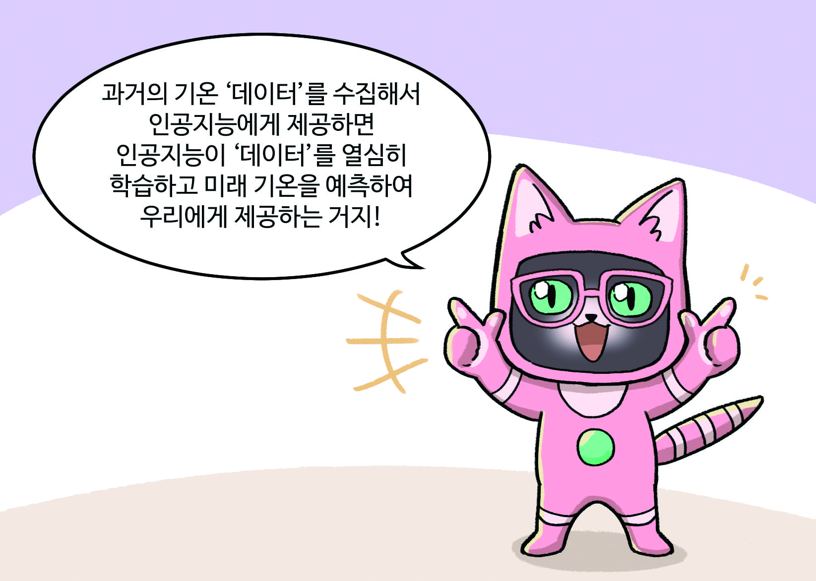 인공지능 : 과거의 기온 ‘데이터’를 수집해서 인공지능에게 제공하면 인공지능이 ‘데이터’를 열심히 학습하고 미래 기온을 예측하여 우리에게 제공하는 거지!
