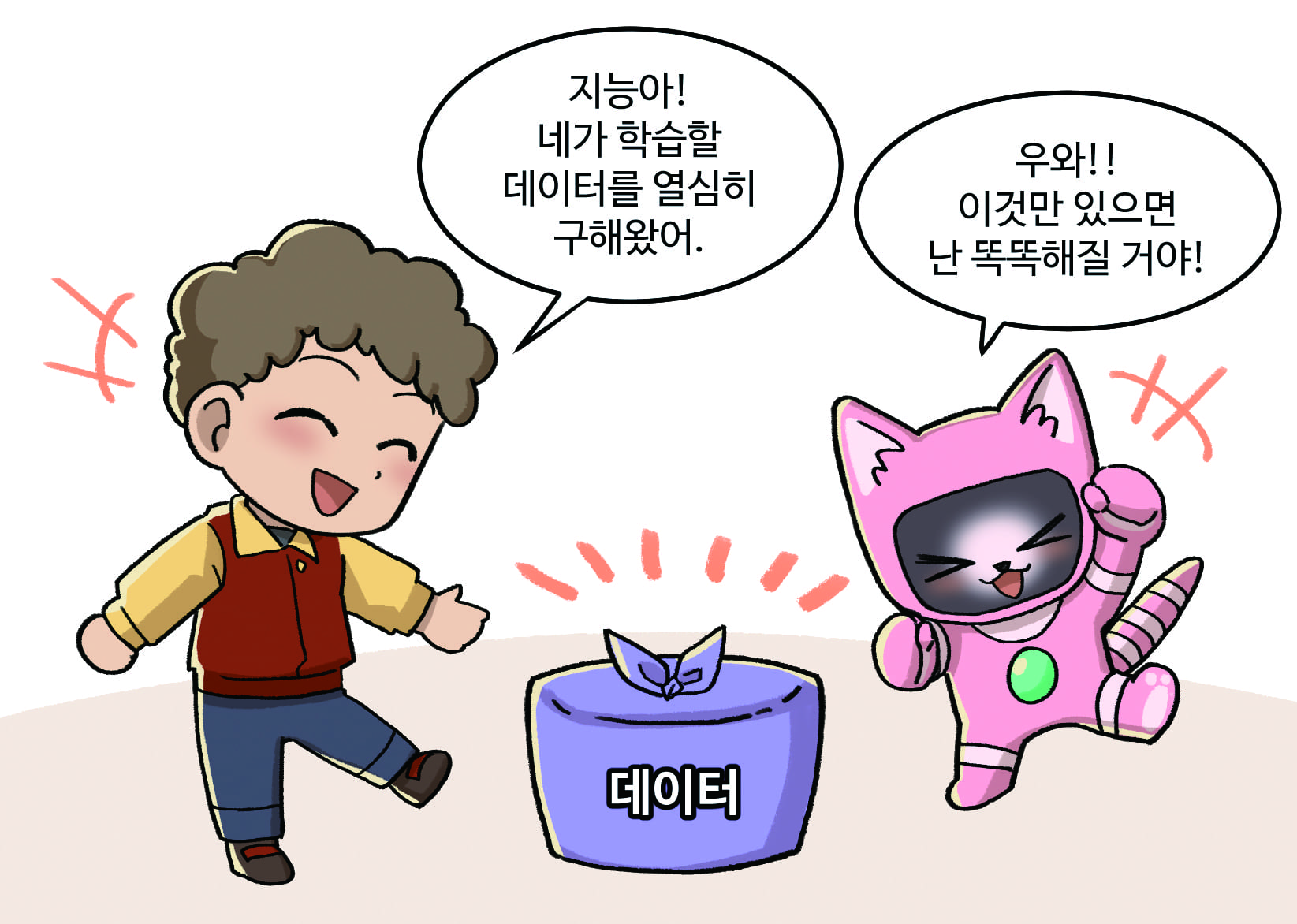 남자아이:지능아! 네가 학습할 데이터를 열심히 구해왔어. 인공지능: 우와! 이것만 있으면 난 똑똑해질 거야!