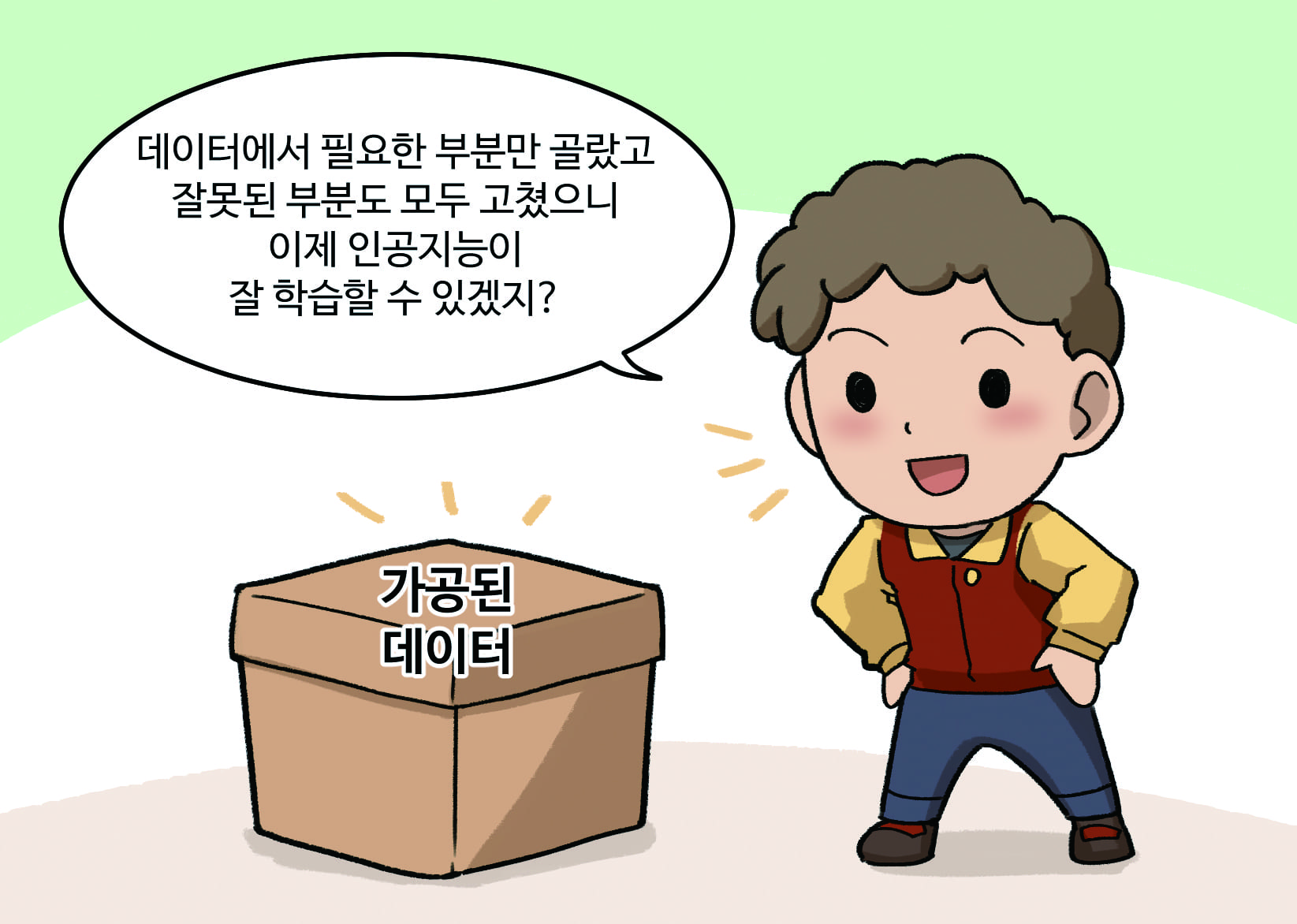 가공한 데이터를 보고 만족하는 남자아이

              남자아이 : 데이터에서 필요한 부분만 골랐고 잘못된 부분도 모두 고쳤으니 이제 인공지능이 잘 학습할 수 있겠지? 