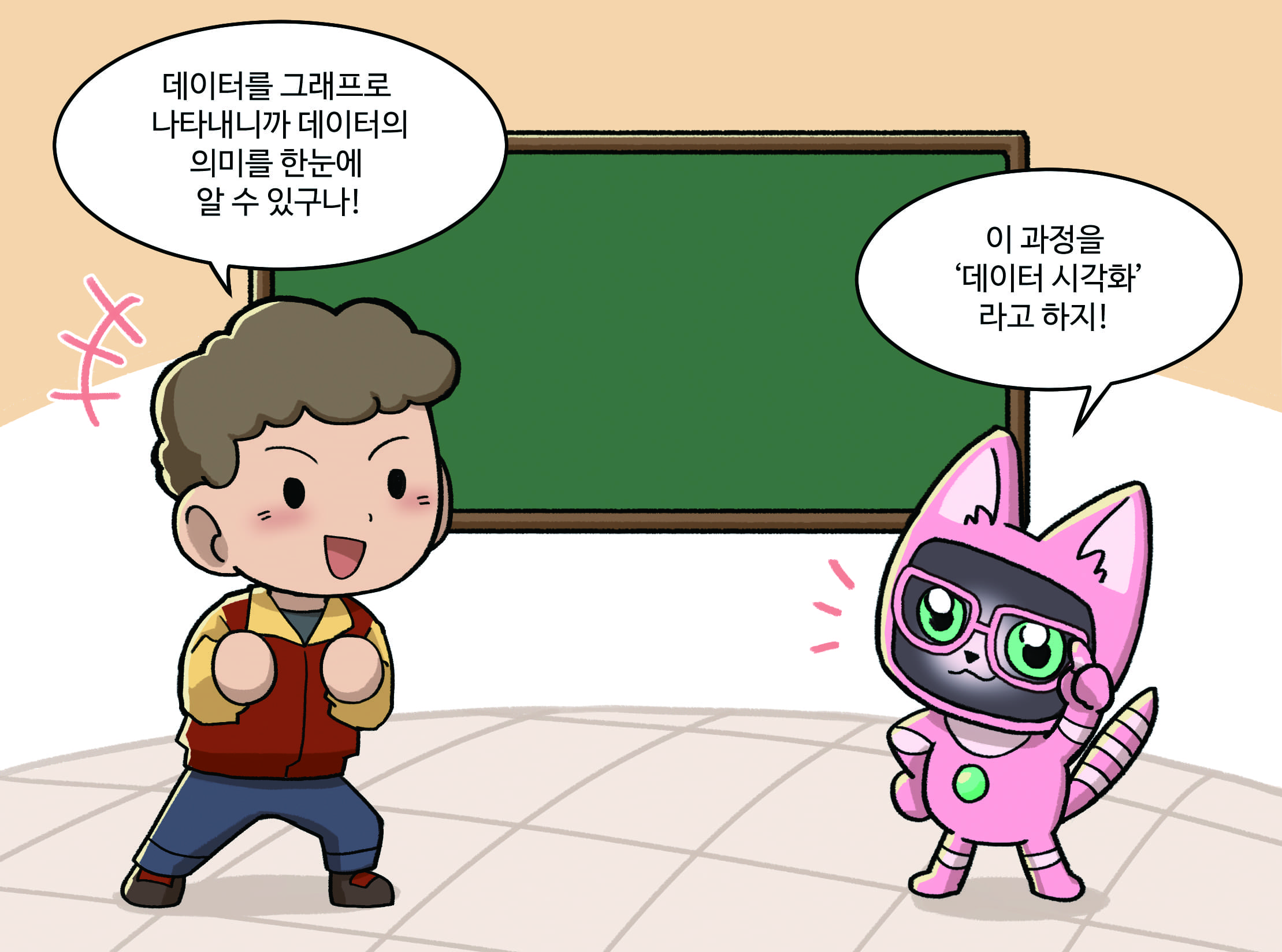 남학생: 데이터를 그래프로 나타내니까 데이터의 의미를 한 눈에 알 수 있구나
              인공지능: 이 과정을 데이터 시각화 라고 하지