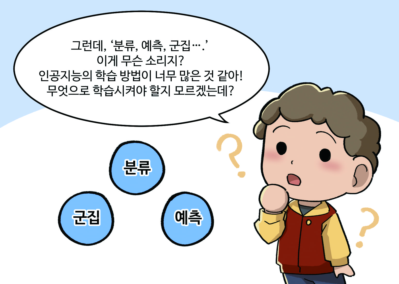 남자아이 : 그런데, ‘분류, 예측, 군집….’ 이게 무슨 소리지? 인공지능의 학습 방법이 너무 많은 것 같아! 무엇으로 학습시켜야 할지 모르겠는데? 