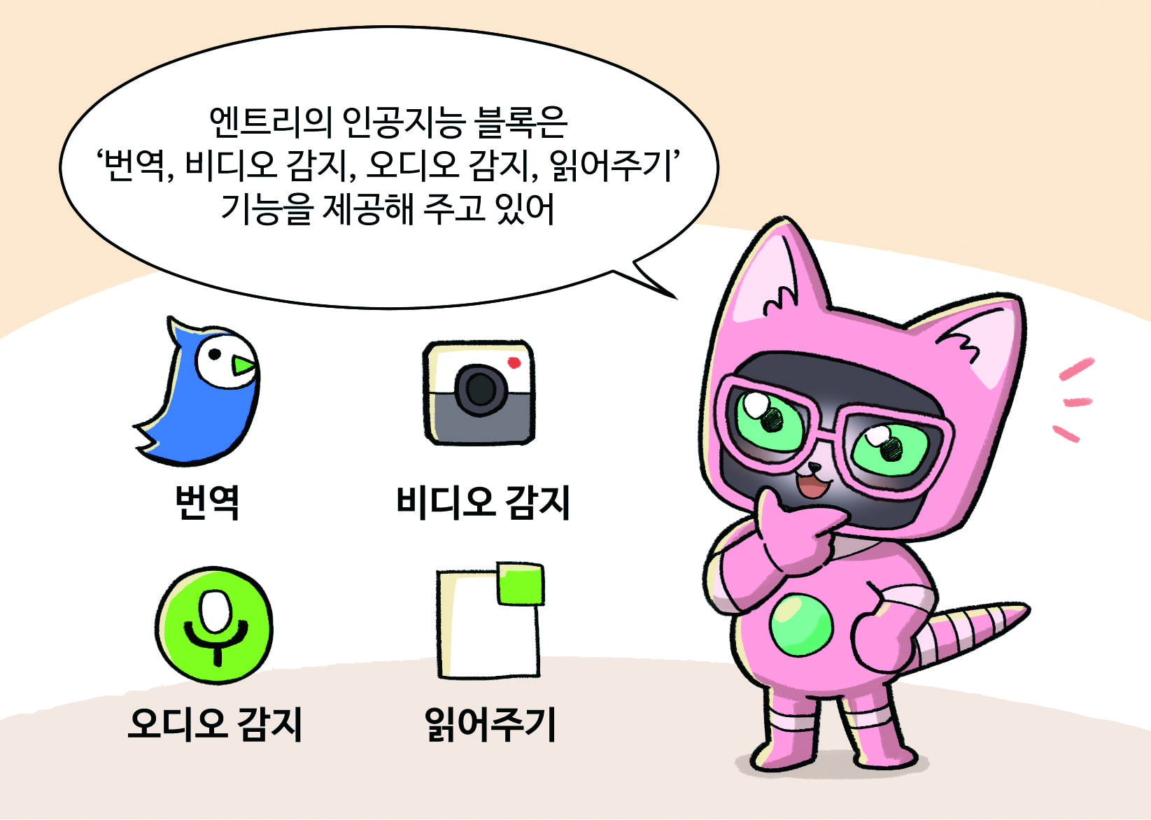 인공지능 : 엔트리의 인공지능 블록은 ‘번역, 비디오 감지, 오디오 감지, 읽어주기’ 기능을 제공해주고 있어 