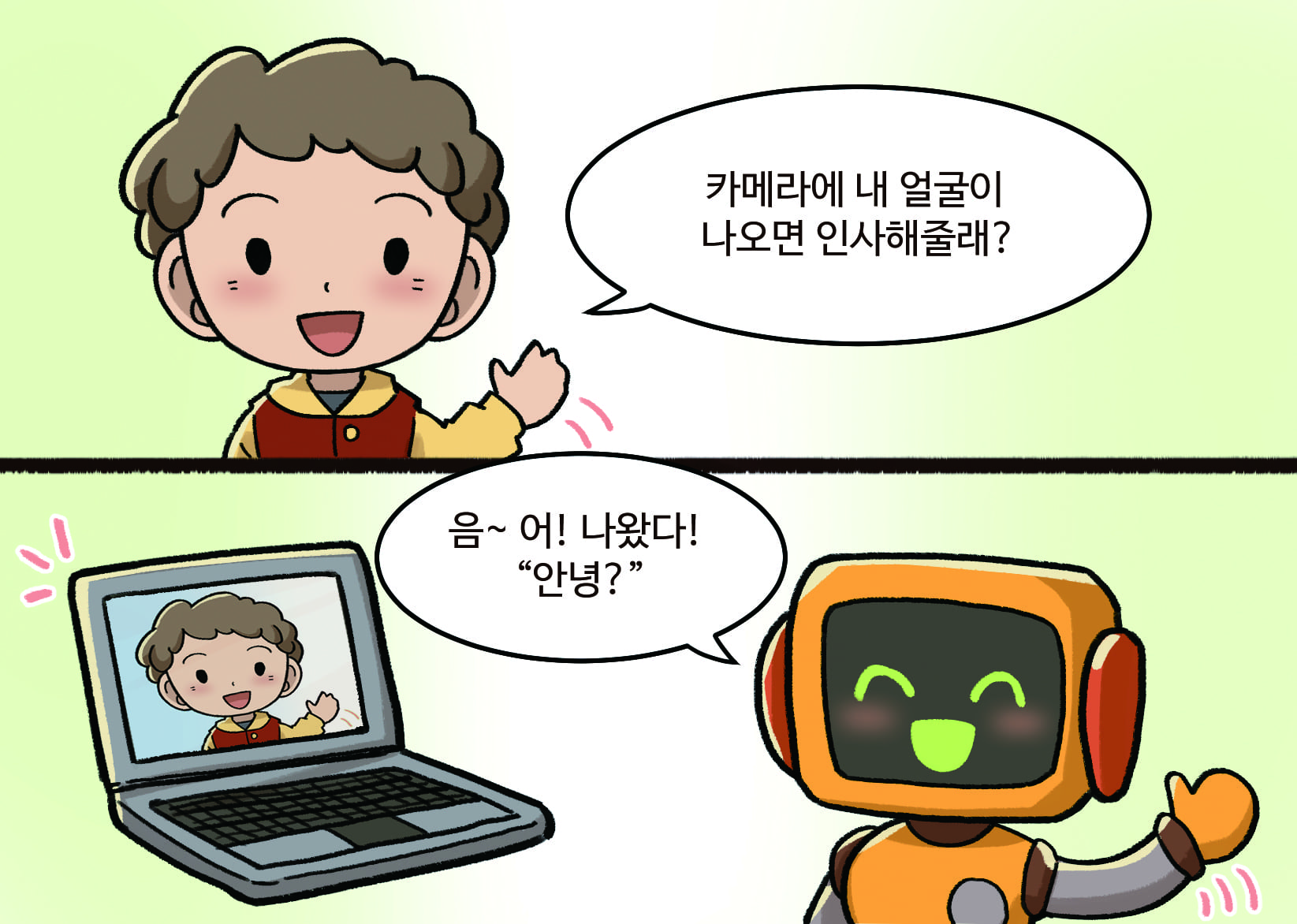 남학생:카메라에 내 얼굴이 나오면 인사해줄래?
인공지능: 음~ 어! 나왔다! 안녕?