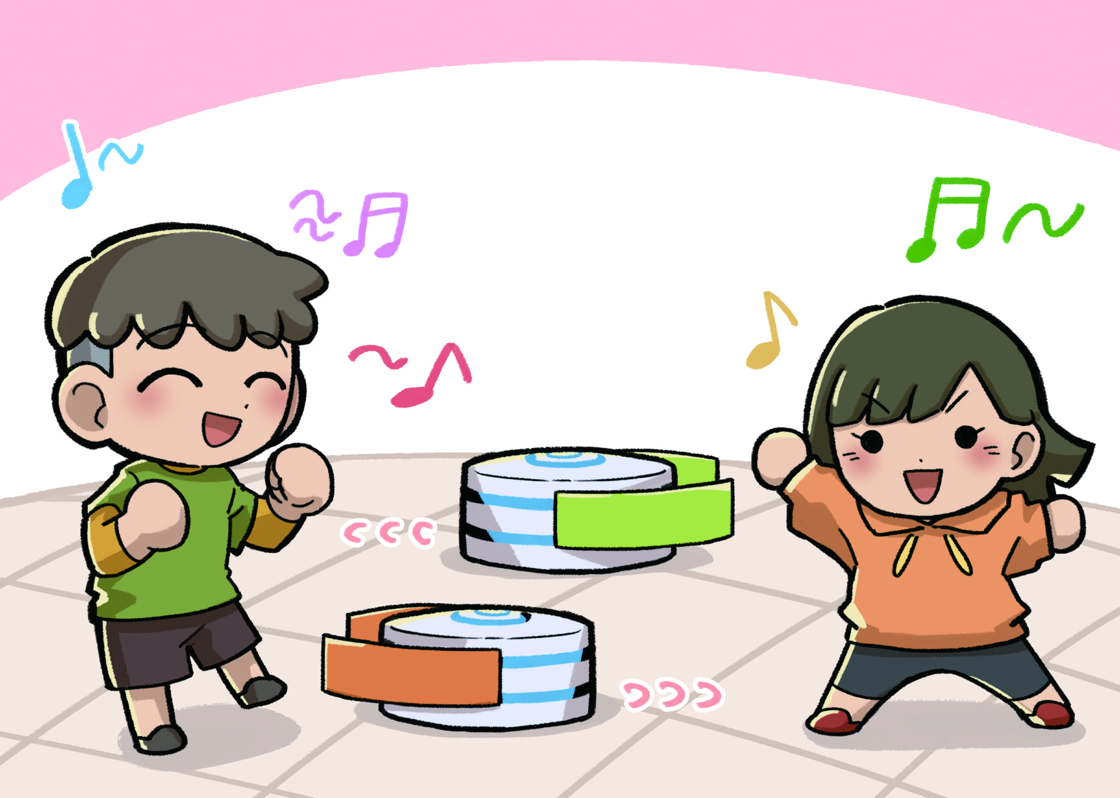남자,여자아이가 카미봇파이와 춤추는 그림